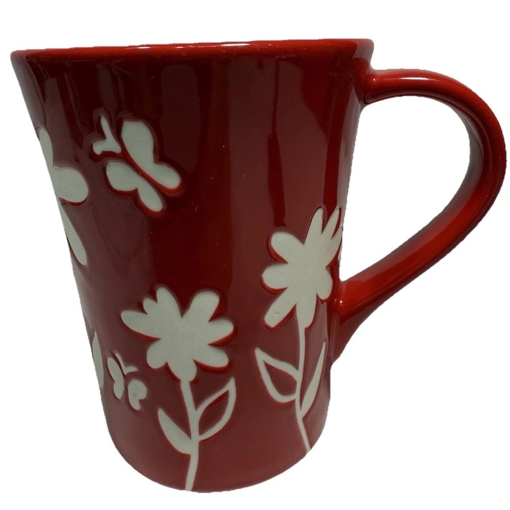 Starbucks Coffee Mug 2007 Red Floral Butterfly Cup 12‎ oz Ceramic New